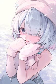 1girl absurdres alternate_costume arona_(blue_archive) bare_shoulders blue_archive blue_eyes blue_hair blue_pants blush braid colored_inner_hair eyes_visible_through_hair gloves hair_over_one_eye hat highres looking_at_viewer multicolored_hair one_eye_closed open_mouth pants pink_hair short_hair sidelocks single_braid snow solo tank_top two-tone_hair white_gloves white_hat white_tank_top ximgyeon