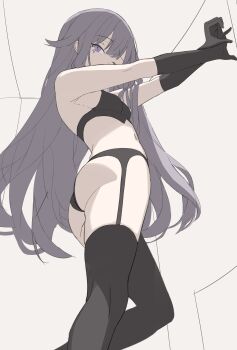 Rule 34 | 1girl, absurdres, bra, breasts, from below, garter belt, garter straps, grey hair, hair between eyes, highres, hololive, hololive english, koseki bijou, lingerie, long hair, panties, purple eyes, scarlet (wv0102), sketch, small breasts, solo, underwear, unfinished, virtual youtuber, white background