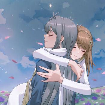 2girls blue_sky brown_hair closed_eyes closed_mouth commentary_request falling_petals field grey_hair hair_ornament hairclip highres hug mary_magdalene_(xenosaga) mon_7291 multiple_girls nephilim_(xenosaga) outdoors petals sky smile spoilers xenosaga xenosaga_episode_iii