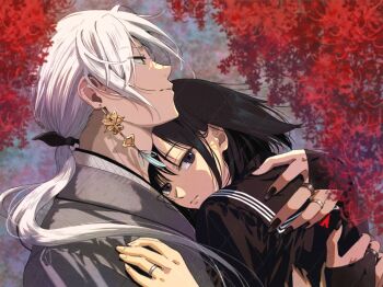 1boy 1girl black_hair black_nails black_serafuku earrings flower fox_mask_(silent_hill) hikari_0o0o0 hug jewelry long_hair looking_ahead looking_at_viewer no_mask ponytail ring school_uniform serafuku shimizu_hinako short_hair silent_hill_(series) silent_hill_f spider_lily watermark watermark_grid wedding_ring white_hair