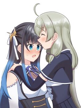 Rule 34 | 2girls, ^ ^, ahoge, assault lily, black hair, black skirt, blue eyes, blue hair, blunt bangs, blush, body switch, breasts, closed eyes, commentary request, cropped jacket, detached sleeves, frilled sleeves, frills, from side, gradient hair, grey hair, hair ornament, hair ribbon, heads together, highres, hood, hood down, kanabako misora, long sleeves, looking at another, looking up, medium breasts, mozuna noa, multicolored hair, multiple girls, neck ribbon, nose blush, open mouth, personality switch, pleated skirt, profile, purple ribbon, puru (pru azucena), ribbon, school uniform, shirt, short sleeves, sidelocks, simple background, skirt, sleeveless, sleeveless shirt, sleeves past wrists, smile, suspenders, sweatdrop, two-tone hair, underbust, upper body, white background, white ribbon, white shirt, yuri, yurigaoka girls academy school uniform