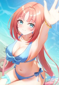 1girl aqua_eyes arm_up beach bikini blush bracelet breasts cleavage collarbone commentary_request from_above front-tie_bikini_top front-tie_top genshin_impact highres hyakuya_iori jewelry light_rays long_hair looking_at_viewer medium_breasts navel nilou_(genshin_impact) outstretched_arm parted_bangs red_hair side-tie_bikini_bottom smile solo stomach sunbeam sunlight swimsuit water