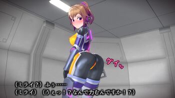 1girl 3d agent_mirai ass black_bodysuit blender_(medium) blush bodysuit breasts brown_hair covered_erect_nipples embarrassed from_behind hallway headphones hexagon_print highres indoors latex latex_bodysuit looking_at_viewer looking_back medium_breasts mirai_(agent_mirai) multicolored_hair ponytail purple_eyes purple_hair short_hair skin_tight solo standing subtitled umaaji_lady_mk2