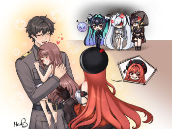 1boy 5girls anger_vein aqua_hair armpit_cutout aura bare_shoulders black_bodysuit black_choker black_hair blonde_hair blue_eyes blush bodysuit breasts broken_mask brown_hair bubble choker cinderella_(nikke) cleavage cloak closed_mouth clothing_cutout colored_inner_hair commander_(nikke) commentary cutout_below_navel dark_aura english_commentary folded_hair gloves glowing glowing_eye goddess_of_victory:_nikke grave_(nikke) hair_between_eyes hair_intakes hair_over_one_eye halterneck highres hood hooded_cloak hoshiberuu hospital_gown jacket large_breasts leg_cutout little_mermaid_(nikke) long_hair mask military_jacket military_uniform multicolored_hair multiple_girls off_shoulder official_alternate_design official_alternate_hair_color old_tales_(nikke) one_eye_covered only_one_(nikke) open_mouth rapi_(nikke) rapi_(red_hood)_(nikke) red_eyes red_hair see-through_bodysuit see-through_cleavage see-through_clothes sidelocks smile smirk smug surprised twintails very_long_hair white_bodysuit white_gown white_hair yellow_eyes