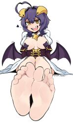 Rule 34 | 1girl, ahoge, barefoot, breasts, corset, demon horns, feet, foot focus, full body, hair between eyes, heart, heart ahoge, highres, hiiragi utena, horns, large breasts, low wings, magia baiser, mahou shoujo ni akogarete, open mouth, pasties, purple corset, purple hair, short hair, shrug (clothing), signature, simple background, sitting, smile, softhanten, soles, solo, star-shaped pupils, star (symbol), star pasties, symbol-shaped pupils, teeth, toes, upper teeth only, white background, wings, yellow eyes