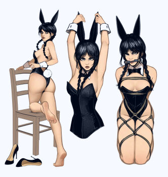 1girl absurdres animal_ears ass bare_legs bdsm black_eyes black_hair bound braid breasts cleavage curvy detached_collar expressionless fake_animal_ears fake_tail goth_fashion grey_background high_heels highleg highleg_leotard highres kneeling kusujinn leotard lips long_hair makeup medium_breasts multiple_views playboy_bunny rabbit_ears rabbit_tail restrained shibari shoes stiletto_heels tail the_addams_family thighs thong_leotard twin_braids unworn_shoes wednesday_(netflix) wednesday_addams wide_hips