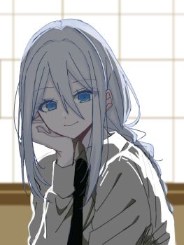 1girl black_necktie blue_eyes blurry blurry_background braid chainsaw_man citori_1117 closed_mouth collared_shirt commentary_request cosplay depth_of_field dress_shirt from_side hair_between_eyes hand_on_own_cheek hand_on_own_face hand_up head_rest indoors kusunoki_tomori long_hair long_sidelocks long_sleeves looking_at_viewer makima_(chainsaw_man) makima_(chainsaw_man)_(cosplay) necktie project_sekai ringed_eyes scene_reference shirt sidelocks smile solo turning_head upper_body voice_actor_connection white_hair white_shirt window yoisaki_kanade