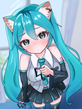 1girl animal_ear_fluff animal_ears aqua_eyes aqua_hair aqua_nails aqua_necktie arm_tattoo arm_up bare_shoulders black_skirt black_sleeves breasts cat_ears cat_girl collarbone collared_shirt commentary_request contrast_collar detached_sleeves double_v fingernails grey_shirt hair_between_eyes hair_ornament hatsune_miku hatsune_miku_(vocaloid6) heart heart_hair_ornament highres long_hair long_sleeves looking_at_viewer maarin_(59567861) medium_breasts nail_polish navel necktie number_tattoo one_eye_closed shirt skirt sleeveless sleeveless_shirt small_breasts tattoo twintails v very_long_hair vocaloid wide_sleeves