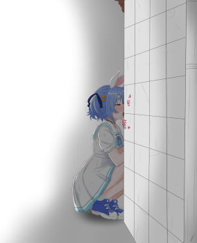 1boy 1girl animal_ears ankle_socks bakerdex blue_hair blue_neckerchief blue_shoes blush commentary english_commentary fellatio from_side highres hololive neckerchief one_side_up oral purple_eyes rabbit_ears rabbit_girl sailor_collar saliva shirt shoes short_hair short_sleeves skirt sneakers socks squatting thick_eyebrows usada_pekora virtual_youtuber white_sailor_collar white_shirt white_skirt white_socks