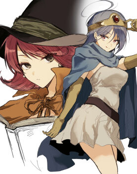 2girls absurdres ahoge aqua_cloak black_eyes black_hat blue_hair book cape circlet cloak commentary_request cowboy_shot dragon_quest dragon_quest_iii dress earrings elbow_gloves gem gloves gold_circlet hat highres jewelry licking_lips long_hair looking_to_the_side mage_(dq3) multiple_girls orange_cape parted_lips pink_eyes pink_hair red_gemstone sage_(dq3) sato_sio_(si00x) short_hair sphere_earrings strapless strapless_dress stud_earrings tongue tongue_out upper_body white_background white_dress witch_hat yellow_gloves