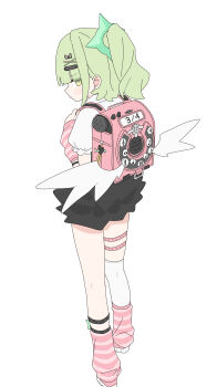 1girl absurdres ame_miya_ta angel_wings ankle_strap arm_warmers backpack bag black_skirt closed_mouth commentary_request green_eyes green_hair hair_ornament hairpin highres leg_warmers looking_at_viewer medium_hair nail_polish pink_arm_warmers pink_bag pink_leg_warmers pink_nails ponytail randoseru shirt single_thighhigh skirt solo sunna_(zenless_zone_zero) thigh_strap thighhighs white_background white_shirt white_thighhighs wings x_hair_ornament zenless_zone_zero