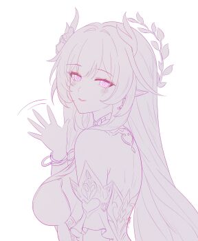 1girl breasts closed_mouth cyrene_(honkai:_star_rail) cyrene_(ripples_of_past_reverie)_(honkai:_star_rail) highres honkai:_star_rail honkai_(series) large_breasts long_hair looking_at_viewer looking_to_the_side monochrome pointy_ears purple_eyes samlatte sidelocks simple_background smile solo tearing_up upper_body waving white_background