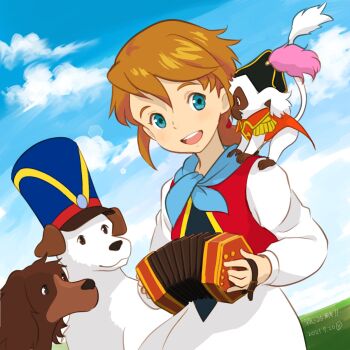 1girl animal animal_on_shoulder anniversary bicorne black_eyes black_hat black_shirt blue_eyes blue_hat blue_sky brown_hair capi_(ie_naki_ko_remi) closed_mouth clothed_animal cloud commentary_request concertina dated dog epaulettes hat highres ie_naki_ko_remi instrument jacket joli-coeur_(ie_naki_ko_remi) looking_at_animal looking_at_another medium_hair monkey music neckerchief open_mouth outdoors playing_instrument red_jacket remi_barberin sakai_yume shako_cap shirt signature skirt sky smile teeth upper_teeth_only white_skirt white_sleeves yellow_neckerchief zerbino_(ie_naki_ko_remi)