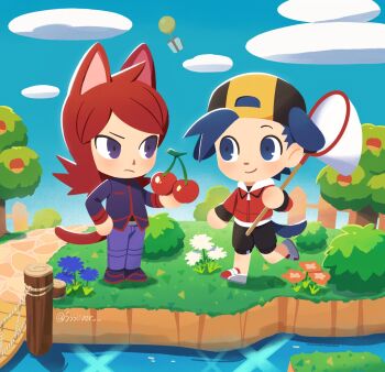 2boys animal_crossing animal_crossing_(style) animal_ears backwards_hat balloon baseball_cap black_eyes black_hair blue_pants blue_sky box butterfly_net cat_boy cat_ears cat_tail cherry chibi chueog closed_mouth day dog_boy dog_ears dog_tail ethan_(pokemon) food fruit gift gift_box grey_eyes hand_net hat highres holding holding_butterfly_net hood hooded_jacket jacket kemonomimi_mode long_hair long_sleeves looking_at_another male_focus multiple_boys nintendo outdoors pants pokemon pokemon_adventures red_hair red_jacket short_hair silver_(pokemon) sky smile standing tail tree