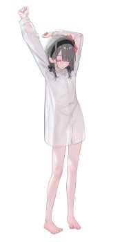 1girl absurdres barefoot blunt_bangs bottomless character_request closed_eyes dress_shirt flat_chest flower full_body grey_hair hair_flower hair_ornament hair_ribbon hairband highres low_side_ponytail naked_shirt oversized_clothes oversized_shirt ribbon see-through_clothes see-through_shirt shirt simple_background snacks00 solo standing stretching white_background white_shirt