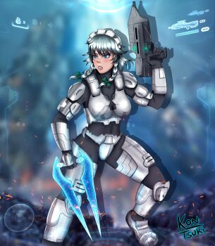 absurdres armor assault_rifle asymmetrical_dual_wielding battle_rifle blue_eyes bow br55 braid breasts bullpup clenched_teeth crossover drop_shadow dual_wielding energy_sword explosive green_bow grenade grey_hair gun hair_bow halo_(series) heads-up_display highres holding infinity_symbol izayoi_sakuya kontsuki ma5 maid maid_headdress medium_breasts plasma_grenade_(halo) power_armor rifle short_hair spartan_(halo) sword teeth touhou twin_braids type-1_energy_sword user_interface weapon white_armor