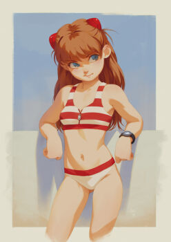 1girl aged_down alkemanubis bikini blue_eyes border breasts brown_hair commentary cowboy_shot cropped_legs english_commentary facing_viewer female_focus gluteal_fold hair_ornament hairpods higher_resolution_available highres interface_headset_(evangelion) legs_apart long_hair looking_away looking_to_the_side navel neon_genesis_evangelion outside_border small_breasts solo souryuu_asuka_langley standing striped_bikini striped_clothes swimsuit thighs white_border