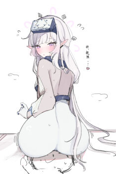 ass ass_focus battlesuit blue_archive blush commentary_request from_behind gloves halo head-mounted_display highres himari_(armed)_(blue_archive) himari_(blue_archive) kotatuneko15 long_hair looking_at_another pink_eyes pink_halo pointy_ears simple_background sitting sitting_on_face sitting_on_person white_background white_hair