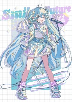 1girl absurdres aqua_eyes aqua_gloves aqua_hair belt english_text fingerless_gloves full_body gloves hand_up hatsune_miku highres holding holding_microphone_stand jacket long_hair long_sleeves looking_at_viewer microphone_stand moo_n_moko one_eye_closed open_clothes open_jacket open_mouth purple_socks shirt shoes simple_background skirt sleeveless sleeveless_shirt smile socks solo standing twintails very_long_hair vocaloid white_jacket white_shirt white_shoes