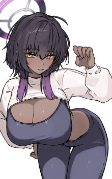 1girl absurdres alternate_hair_length alternate_hairstyle black_hair blue_archive blush breasts cleavage commentary_request crop_top dark-skinned_female dark_skin guwall hair_between_eyes halo hand_on_own_hip highres karin_(blue_archive) large_breasts leaning_forward long_sleeves looking_at_viewer pants parted_lips purple_hair simple_background solo sports_bra white_background yellow_eyes