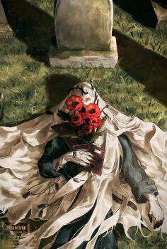 1boy black_coat charon_(reverse:1999) coat covered_face dog_tags flower gloves grave hakyusiku hand_on_own_chest highres holding holding_dog_tags holding_notebook lying male_focus notebook on_back on_grass poppy_(flower) red_flower reverse:1999 shadow solo tombstone upper_body veil watermark white_flower white_gloves white_veil