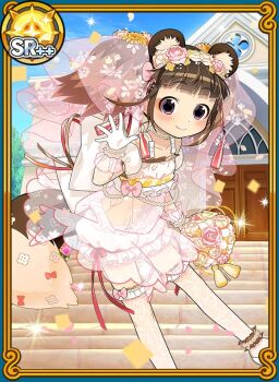 1girl animal_ears black_eyes bridal_veil brown_hair church closed_mouth collarbone commentary_request door dress fake_animal_ears gloves lace lace_thighhighs outdoors puffy_short_sleeves puffy_sleeves raccoon_ears raccoon_girl raccoon_tail shoes short_hair short_sleeves stairs tail tanuko thighhighs twintails uchako uchi_no_hime-sama_ga_ichiban_kawaii veil wedding_dress white_gloves white_shoes white_thighhighs