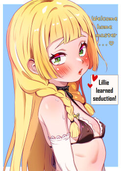 1girl absurdres bikini black_bikini black_ribbon blonde_hair blue_background blunt_bangs blush border braid breasts choker covered_erect_nipples detached_sleeves doroogaki elbow_gloves english_text eyelashes female_focus gloves green_eyes hair_ornament heart highres lillie_(pokemon) lips loli long_hair looking_at_viewer maid maid_bikini makeup neck_ribbon nintendo outside_border parted_lips pokemon pokemon_sun_and_moon ribbon ribbon_choker simple_background small_breasts solo speech_bubble sweat swimsuit twin_braids unconventional_maid upper_body white_border white_gloves