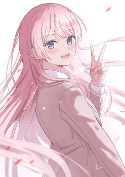 1girl absurdres azakura_(beniyomogi) bang_dream! bang_dream!_it's_mygo!!!!! blush chihaya_anon commentary fang grey_eyes grey_jacket haneoka_school_uniform highres jacket long_hair long_sleeves looking_at_viewer open_mouth pink_hair school_uniform simple_background solo teeth upper_body upper_teeth_only v white_background