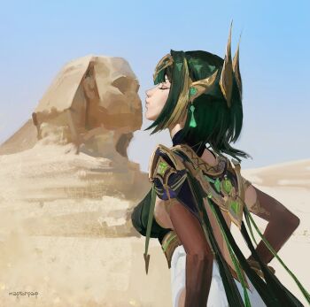 1girl ancient_egyptian_clothes black_gloves blowing_kiss breasts closed_eyes desert earpiece elbow_gloves from_side genshin_impact gloves green_hair highres martographic mole mole_under_eye nefer_(genshin_impact) outdoors profile puckered_lips pyramid_(structure) short_hair signature solo usekh_collar