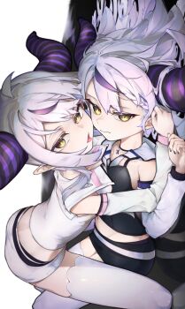2girls absurdres ass breasts cosplay demon_horns detached_sleeves do_u_(takanashi_kiara) dual_persona grey_hair highres hololive hololive_english horns la+_darknesss long_hair looking_at_viewer multicolored_hair multiple_girls pointy_ears purple_hair purple_horns sauce_darusungi small_breasts streaked_hair striped_horns takanashi_kiara takanashi_kiara_(1st_costume) takanashi_kiara_(cosplay) thighhighs tongue tongue_out virtual_youtuber white_thighhighs yellow_eyes