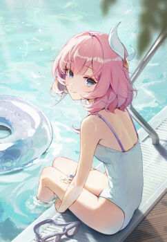 1girl absurdres alternate_costume blue_eyes breasts commentary cyrene_(aedes_elysiae)_(honkai:_star_rail) cyrene_(honkai:_star_rail) hair_ornament highres honkai:_star_rail honkai_(series) hunched_over innertube looking_at_viewer one-piece_swimsuit pink_hair pool poolside small_breasts smile solo swim_ring swimsuit thighhighs white_one-piece_swimsuit yanjem