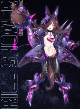 1girl absurdres animal_ears brown_hair character_name commentary covered_navel english_text fascinator flipped_hair groin hair_over_one_eye highres horse_ears horse_girl horse_tail leotard long_hair mecha_musume mechanical_arms mechanical_ears mechanical_hands mechanical_legs necktie open_mouth outstretched_arm pointing purple_eyes purple_necktie reverse_bunnysuit reverse_outfit rice_shower_(umamusume) see-through_clothes space star_(sky) starry_sky_background tail tilted_headwear umamusume yingjian