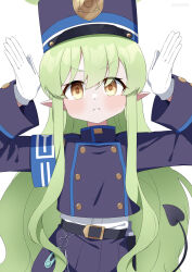 Rule 34 | 1girl, absurdres, armband, belt, black skirt, blue archive, blue armband, commentary, demon girl, demon tail, gevuxx, gloves, green hair, hair between eyes, halo, hat, highres, hikari (blue archive), long hair, long sleeves, looking at viewer, peaked cap, pleated skirt, pointy ears, sidelocks, simple background, skirt, solo, symbol-only commentary, tail, thick eyebrows, train conductor, v-shaped eyebrows, white background, white gloves, yellow eyes