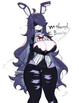 1girl ahoge bare_hips black_choker black_pants blindfold blue_hair bow bowtie breasts choker cleavage five_nights_at_freddy&#039;s five_nights_at_freddy&#039;s_2 formal_clothes furry furry_female gloves highres huge_breasts long_hair messy_hair multicolored_hair pants purple_fur purple_hair rabbit_ears rabbit_girl red_bow red_bowtie robot suit thick_thighs thighs togetoge torn_clothes torn_pants very_long_hair wide_hips withered_bonnie
