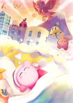 :o artist_name bed bird blush blush_stickers boxboy! building closed_eyes closed_mouth commentary dreaming dyna_blade dyna_chick eggplant food food_on_head fur-trimmed_headwear fur_trim hal_laboratory hat hataraku_ufo hatsuyume highres jobski kirby kirby_(series) lying mount_fuji mountain nightcap nintendo no_humans object_on_head on_back on_bed parted_lips pillow polof purple_headwear qbby rabbit sky sleep_kirby sleeping smile speech_bubble star-shaped_pillow sun sunburst sunrise suyasuyabi symbol-only_commentary thought_bubble twitter_username ufo