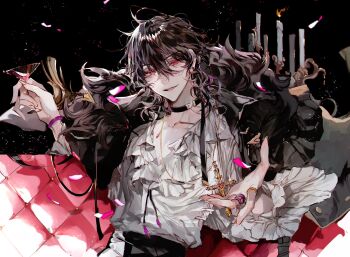 Rule 34 | 1boy, absurdres, bishounen, black choker, black coat, black hair, black pants, bracelet, candle, choker, coat, coat on shoulders, collarbone, commentary request, couch, cross, cross necklace, cup, drinking glass, earrings, ensemble stars!, falling petals, frilled shirt, frilled sleeves, frills, fur-trimmed coat, fur trim, hair between eyes, highres, holding, holding cup, holding jewelry, holding necklace, jacket, jewelry, kkuekkue (chifer1958), korean commentary, long hair, looking at viewer, male focus, medium hair, multiple rings, necklace, on couch, open mouth, pants, parted lips, petals, pink petals, red eyes, ring, sakuma rei (ensemble stars!), shirt, sitting, smile, solo, wavy hair, white shirt, wine glass