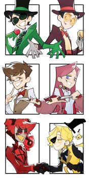 1girl 5boys :d ;) absurdres alastor_(hazbin_hotel) alastor_(human)_(hazbin_hotel) animal_ears bill_cipher black-framed_eyewear black_bow black_bowtie black_choker black_eyes black_eyeshadow black_gloves black_hair black_hat black_necktie blonde_hair blue_eyes bob_cut border bow bowtie breasts brown_hair brown_vest buttons calx character_request chinese_commentary choker collared_shirt colored_sclera colored_skin colored_teeth colored_tips commentary_request copyright_request crossover deer_ears diagonal-striped_clothes diagonal-striped_necktie dual_persona earrings elbow_gloves eyeball_earrings eyeshadow finger_to_cheek floating_hat gloves gravity_falls green-tinted_eyewear green_eyes green_gloves green_jacket green_necktie grey_gloves grey_skin grin hair_behind_ear hair_slicked_back half-closed_eyes handshake hat hazbin_hotel hellaverse highres holding holding_knife holding_staff inverted_bob jacket jacket_partially_removed jewelry knife lapels long_hair long_sleeves looking_at_another looking_at_viewer makeup monocle multicolored_hair multiple_boys multiple_crossover necktie notched_lapels one_eye_closed open_clothes open_jacket open_mouth outside_border outstretched_hand pale_skin personification pink_hair pink_jacket pinstripe_jacket pinstripe_pattern rectangular_eyewear red_bow red_bowtie red_eyes red_hair red_hat red_jacket red_sclera red_shirt semi-rimless_eyewear sharp_teeth shirt short_hair simple_background small_breasts smile spiked_choker spikes staff straight_hair striped_clothes sunglasses superjail teeth the_lorax the_once-ler the_warden_(superjail) tinted_eyewear toon_(style) top_hat traditional_bowtie trait_connection two-tone_hair two-tone_necktie upper_body very_short_hair vest white_background white_border white_shirt yellow-tinted_eyewear yellow_sclera yellow_teeth yellow_vest