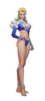 1girl blonde_hair blue_eyes breasts cleavage cleavage_cutout clothing_cutout earrings fantastic_four highleg highleg_one-piece_swimsuit highres jewelry large_breasts long_hair looking_at_viewer marvel marvel_rivals navel official_alternate_costume official_art one-piece_swimsuit solo sue_storm sue_storm_(azure_shade) sunglasses swimsuit