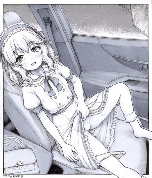 1girl absurdres bag blush car_interior clothes_lift commentary_request dress dress_lift flashing flat_chest frilled_hairband frills from_side greyscale h2_(h20000000) hairband handbag highres idolmaster idolmaster_cinderella_girls idolmaster_cinderella_girls_u149 loli looking_at_viewer medium_hair monochrome open_mouth panties panties_around_leg pussy sakurai_momoka sitting smile solo sweat underwear