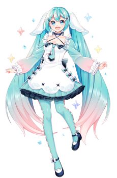 1girl absurdres apron aqua_eyes aqua_hair aqua_necktie blue_pantyhose breasts collarbone commentary_request frilled_apron frilled_sleeves frills full_body gradient_clothes gradient_hair gradient_sleeves hair_between_eyes hair_ornament hatsune_miku highres light_blush long_hair masumofu medium_breasts multicolored_hair necktie open_mouth pantyhose pink_hair simple_background smile solo twintails very_long_hair vocaloid white_apron white_background