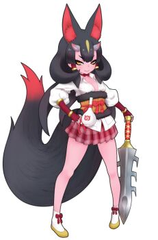 1girl animal_ears choker colored_skin commentary_request cowboy_shot extra_ears fingerless_gloves fox_ears fox_girl fox_tail full_body gloves horns ise_(0425) japari_symbol kemono_friends kemono_friends_3 kinkaku_(kemono_friends) looking_at_viewer red_skin shirt simple_background skirt socks solo sword tail weapon yellow_eyes