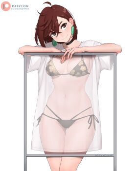 1girl absurdres ayase_momo bikini black_bikini black_choker breasts choker closed_mouth collarbone cosplay crossed_bangs dandadan dismaiden earrings floral_print gluteal_fold hair_between_eyes highleg highleg_bikini highres jewelry kitagawa_marin kitagawa_marin_(cosplay) medium_breasts medium_hair navel patreon_logo patreon_username see-through_clothes see-through_shirt shirt side-tie_bikini_bottom simple_background smile solo swimsuit thigh_gap thighs white_background white_shirt