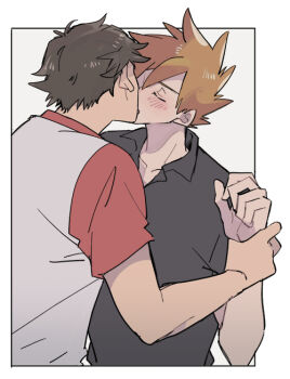 Rule 34 | 2boys, blue oak, blush, brown hair, closed eyes, collared shirt, commentary, ebisono2, holding another's wrist, kiss, multiple boys, nintendo, pokemon, pokemon sm, red (pokemon), shirt, short sleeves, simple background, spiked hair, yaoi