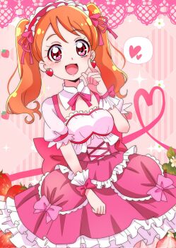 Rule 34 | 1girl, alternate costume, anime coloring, argyle background, back bow, bow, bow skirt, bowtie, brown hair, clenched hand, collar, cowboy shot, cross-laced clothes, cross-laced skirt, detached collar, earrings, eyelashes, food-themed earrings, food themed earrings, frilled hairband, frilled skirt, frilled sleeves, frills, hair ribbon, hairband, hand on lap, hand on own cheek, hand on own face, happy, heart, high-waist skirt, highres, jewelry, kirakira precure a la mode, large bow, light blush, lolita hairband, long hair, looking at viewer, miniskirt, momotarouooi, official style, open mouth, pink background, pink bow, pink bowtie, pink eyes, pink hairband, pink ribbon, pink skirt, precure, puffy short sleeves, puffy sleeves, ribbon, shirt, short sleeves, skirt, smile, solo, spoken heart, square neckline, standing, strawberry background, strawberry earrings, tareme, twintails, usami ichika, wavy hair, white collar, white shirt, white wrist cuffs, wrist bow, wrist cuffs