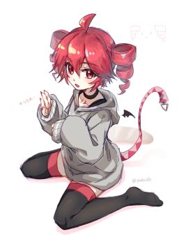 1girl ahoge alternate_costume baguette black_thighhighs bread chinese_text choker commentary_request detached_wings drill_hair food full_body grey_hoodie highres hood hoodie kasane_teto looking_at_viewer no_shoes open_mouth qiukui red_eyes red_hair red_nails short_hair simple_background sitting sleeves_past_wrists solo tail thighhighs translation_request twin_drills twitter_username utau wariza white_background wings