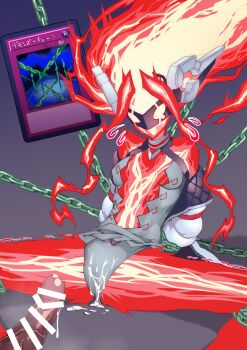 1girl absurdres bdsm bondage bound breasts censored chain cleavage clothing_cutout colored_skin cum cum_on_clothes duel_monster electricity elemental_(creature) energy energy_girl energy_hair enmo_takeshita eye_mask fiendish_chain highres jacket lightning_elemental lightning_hair mask mechanical_ears penis red_skin small_breasts spread_legs spright_elf stomach_cutout white_jacket yu-gi-oh!