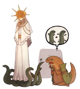 1boy 1girl belt cloak closed_mouth confused covered_eyes crossdressing crown dark_souls_(series) dark_souls_i dark_sun_gwyndolin donar0217 dress elden_ring fang fangs frills fromsoftware gold gold_belt gold_necklace gold_trim green_cloak helmet helmet_over_eyes hidden_eyes jewelry lizard lizard_tail monster monster_boy monster_girl necklace reptile_girl robe rya_(elden_ring) scared simple_background snake speech_bubble tail tears thought_bubble trembling veil white_background white_dress white_hair white_robe