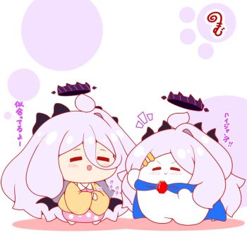 1girl :d ahoge barefoot blue_archive blue_cape blush brown_jacket cape chibi closed_eyes closed_mouth collared_shirt colored_shadow commentary_request cosplay gem grey_hair hair_ornament hairclip halo hina_(blue_archive) hina_(pajamas)_(blue_archive) horns jacket kirby_(series) kurukurumagical long_hair nintendo notice_lines open_clothes open_jacket open_mouth pajamas parted_bangs pink_pajamas pink_shirt pink_skirt polka_dot polka_dot_pajamas polka_dot_shirt polka_dot_skirt red_gemstone shadow shirt single_hair_intake skirt smile standing starman_(kirby) starman_(kirby)_(cosplay) translation_request very_long_hair