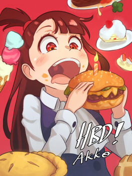 1girl absurdres blush_stickers bread brown_hair burger cake candle commentary_request drooling eating food food_on_face happy_birthday highres holding holding_burger holding_food kagari_atsuko little_witch_academia looking_at_object madabau mouth_drool open_mouth pie ponytail red_background red_eyes solo sushi teeth upper_body upper_teeth_only