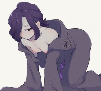 1boy all_fours bent_over blush cloak cloak_slip cloaked_hood collarbone colored_skin cookie_run furrowed_brow grey_skin hair_over_one_eye hair_up half-closed_eyes hood hood_down hooded_cloak humanization indigo_hair licorice_cookie long_sleeves looking_at_viewer low_ponytail male_focus medium_hair nipples niwa_(niwa827) off_shoulder off_shoulder_cloak on_hands_and_knees parted_bangs personification ponytail pout pout purple_cloak purple_hair sidelocks stitches tagme trap yellow_eyes